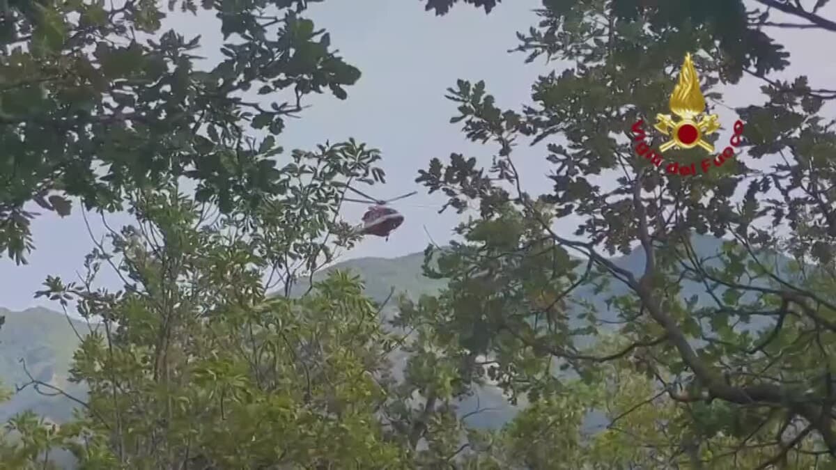 Bosco in fiamme: l’elicottero dei Vigili del fuoco effettua diversi sorvoli e sganci d’acqua